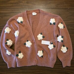 Sz M Luna Ivy Oversized Knitted Chunky Pink Cardigan with 3D Flowers